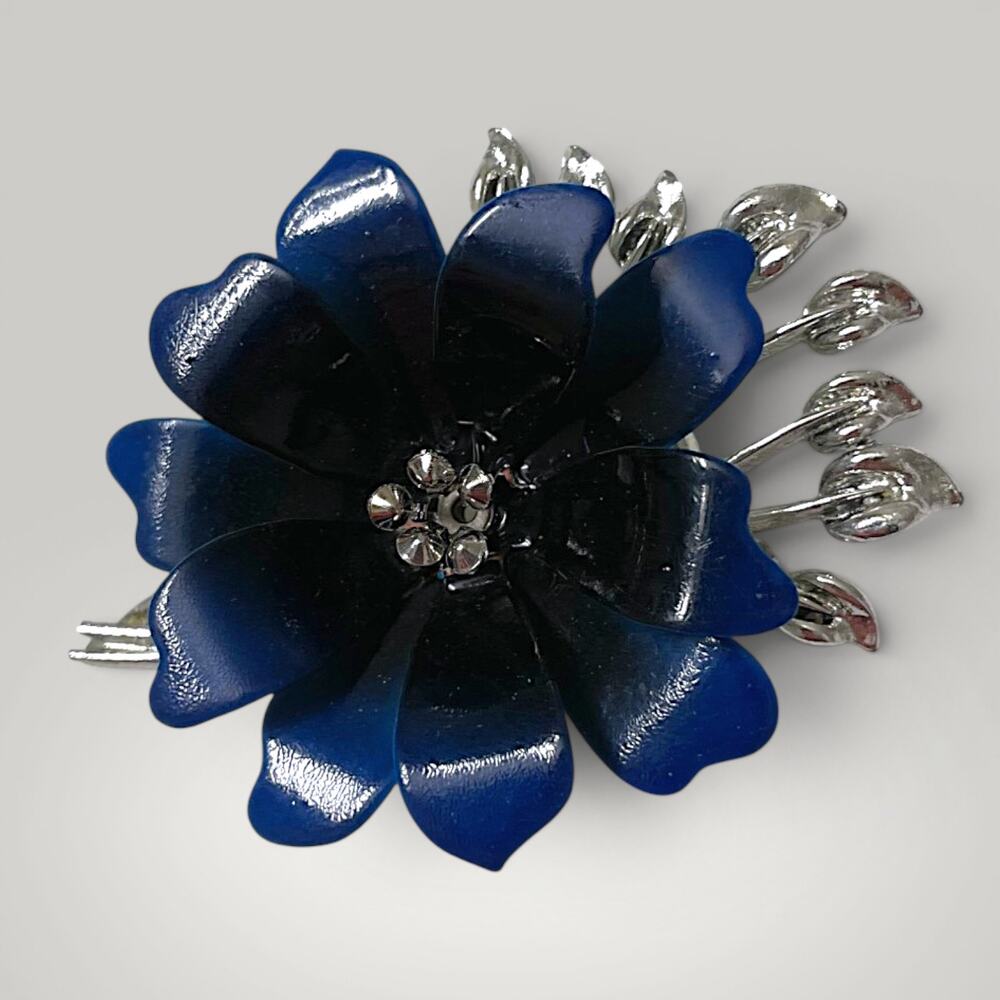 Vintage Signed Coro Blue Enamel Flower Brooch Silver Tone Floral Pin